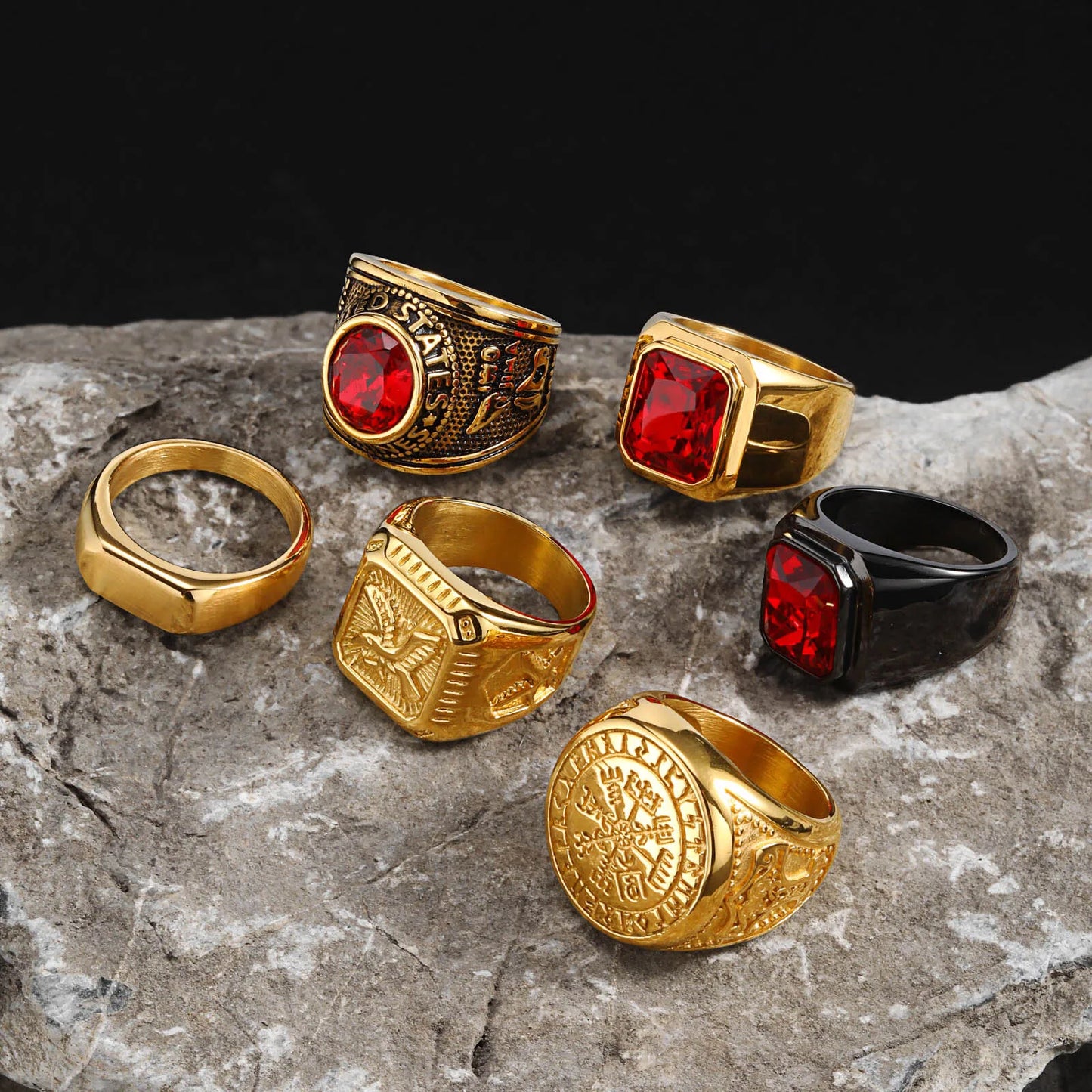 Punk Ethnic Red Stone Ring for Men,Gold Plated Stainless Steel Signet Ring,Square Round Ring Jewelry Gift