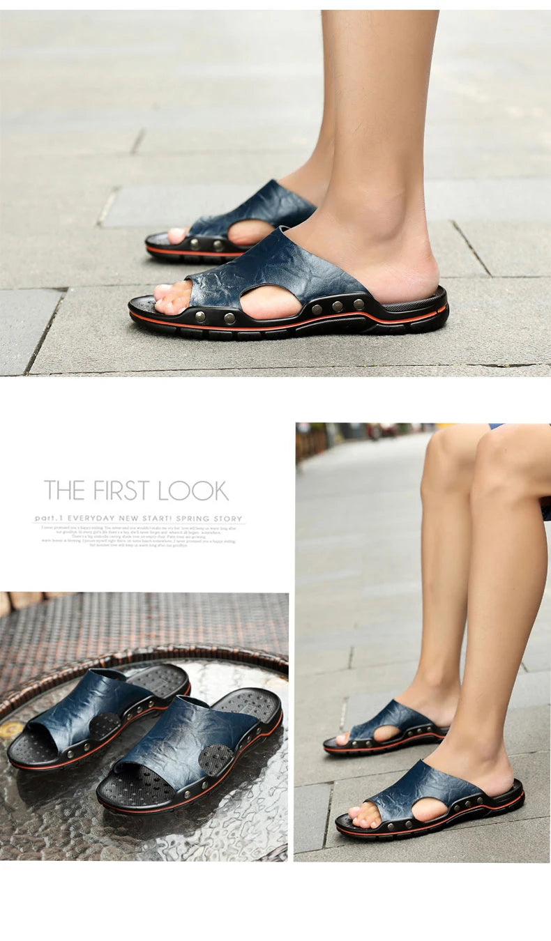 Summer Slippers New Men Sandals Soft Outdoor Slides High Quality Genuine Leather Comfortable Beach Sandals Outdoor Men Shoes