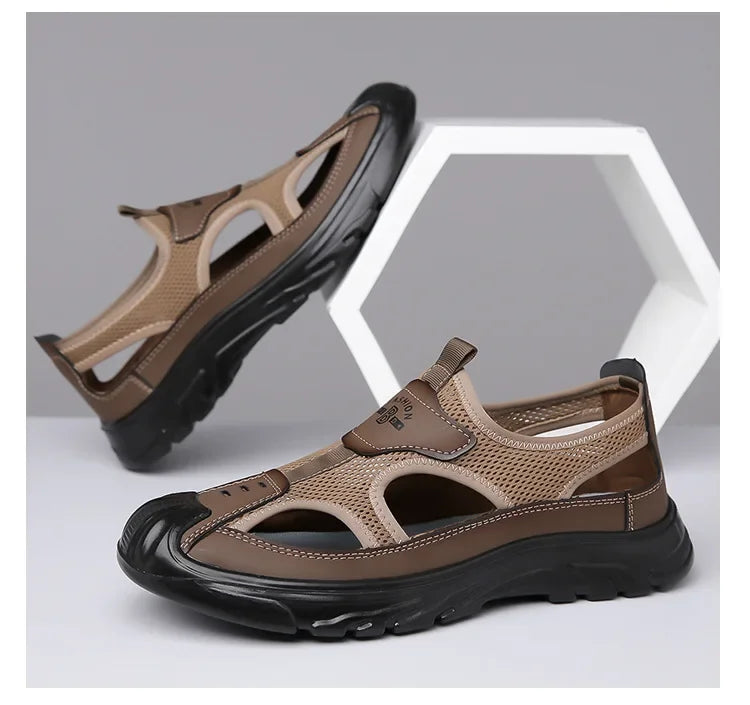 2025 Summer Beach Sandals for Men New Hollow Men's Sandals Outdoor Breathable Mens Bag Head Mesh Casual Shoes Zapatillas Hombre