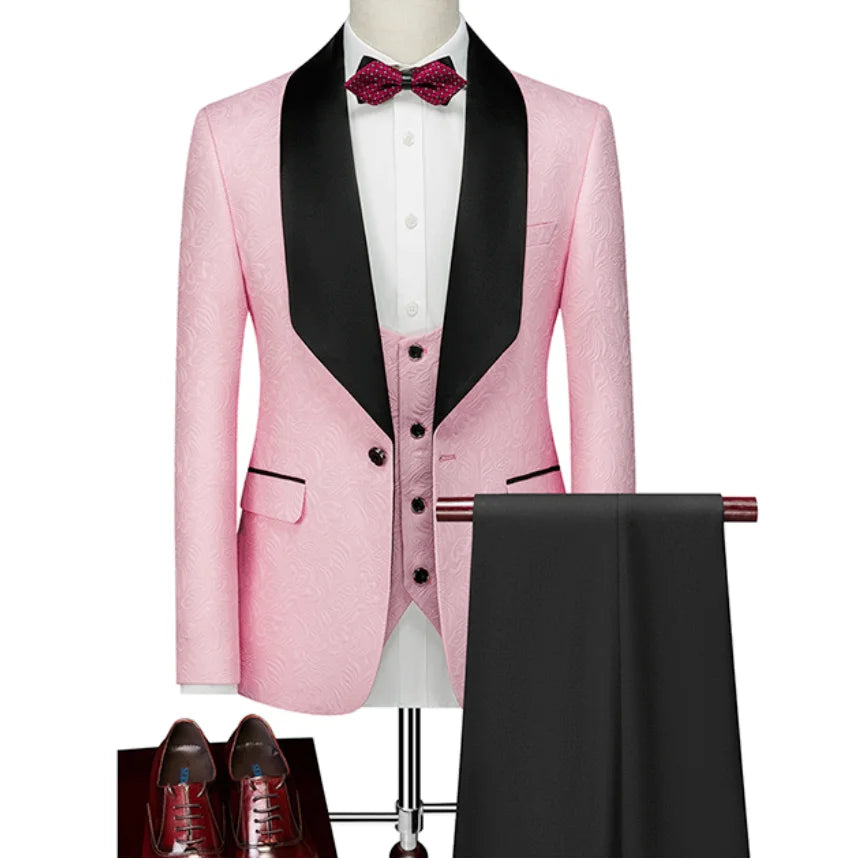 Hot Selling Men Suits Pattern and Black Groom Tuxedos Shawl Satin Lapel Groomsmen Wedding Best Man ( Jacket+Pants+Vest+Tie) C691