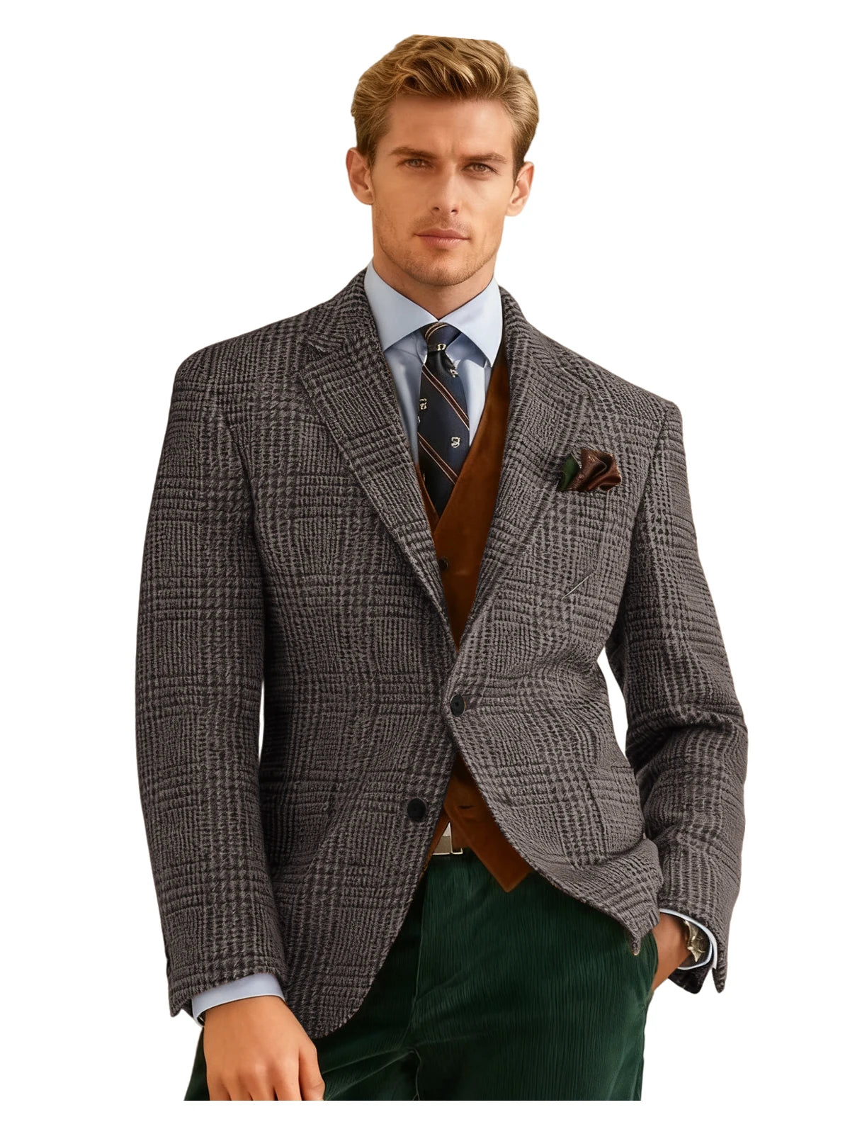 Autumn Winter Men's Suits Jacket Formal Single-Breasted Plaid Blazer Tweed Wear Tuxedos Business Casual Party Men Sport Coats
