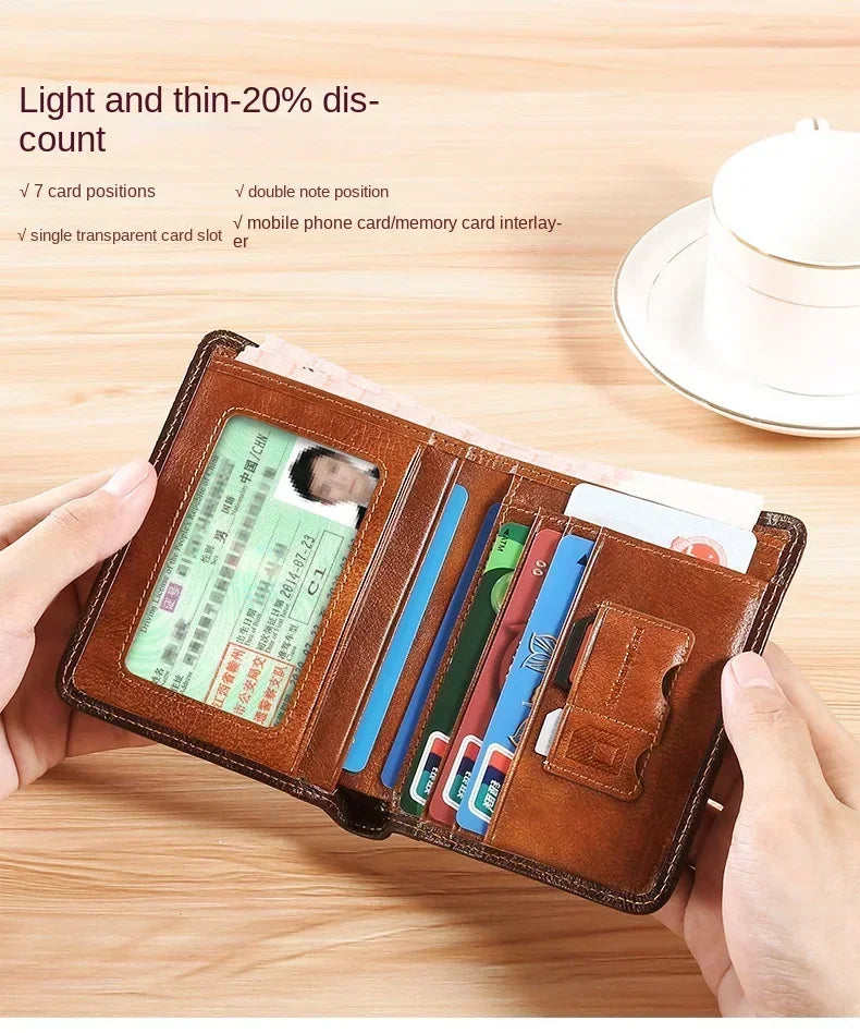 Men Wallet Genuine Leather Rfid Blocking Trifold Wallet Vintage Thin Short Multi Function ID Credit Card Holder Male Purse Money
