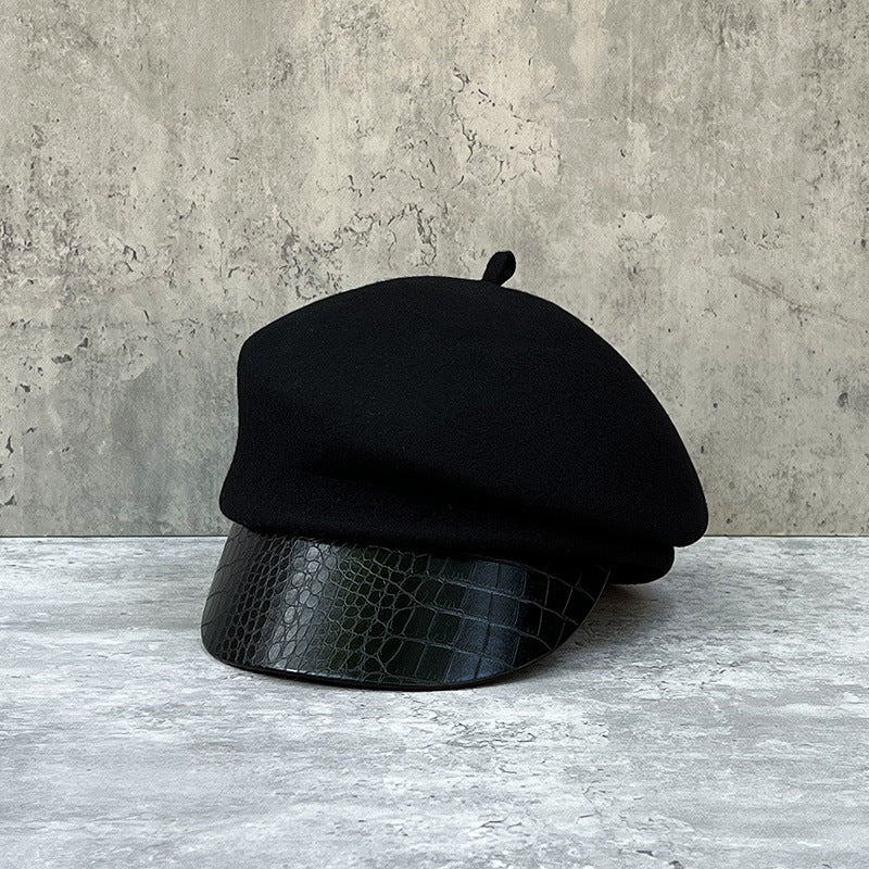 Fashion leather brim wool beret women's autumn/winter Korean style newsboy hat British knight hat duck cap Japanese system