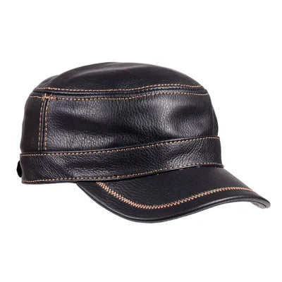 Hat Men Winter Male Genuine Leather Quality Cowhide Casual Thin Flat Top Cap Hombre Black Brown Solid Color Trucker Casquette