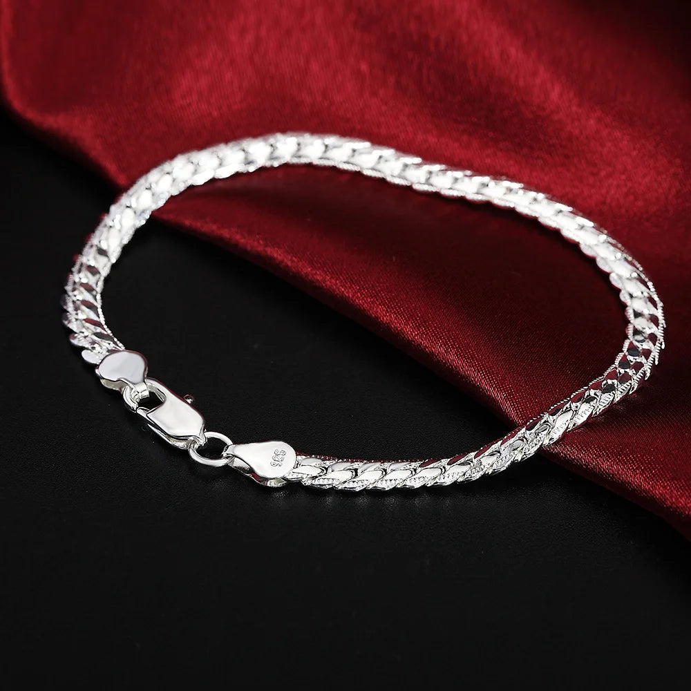18K Gold 925 Sterling Silver Bracelets For Men Women Simple 5mm 20cm Flat Side Chain Bracelet Unisex Charm Jewelry Gifts