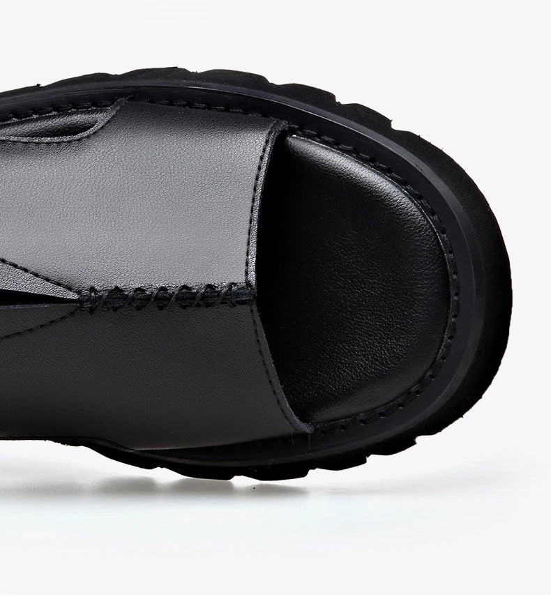 Cow Leather Sandals for Men 2025 Summer New Designer Big Size Increase Roman Beach Shoes Male Fashion Casual Black Sandals Man