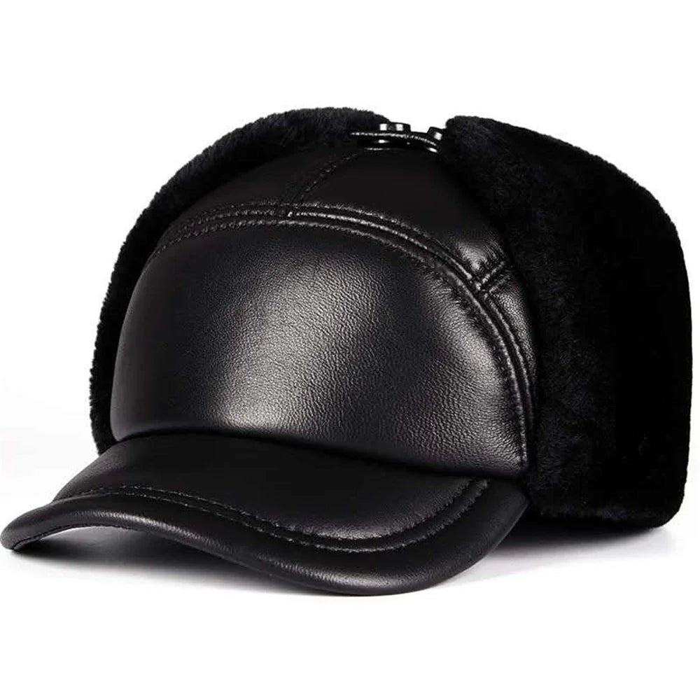 High Quality Genuine Leather Hats Winter First Layer Cowhide Warm Earmuffs Bomber Caps Plus Velvet Thicken Man Bone Caps Dad Hat