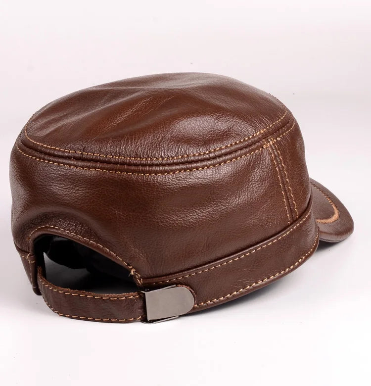 Hat Men Winter Male Genuine Leather Quality Cowhide Casual Thin Flat Top Cap Hombre Black Brown Solid Color Trucker Casquette
