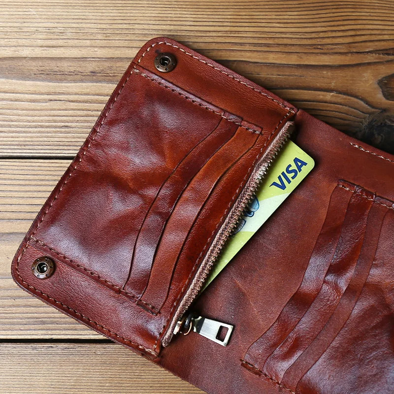 Retro Handmade Leather Wallet for Ladies Top Layer Cowhide Men's Short Wallet Wiping Color Buckle Bag Vertical Credit Card Bag
