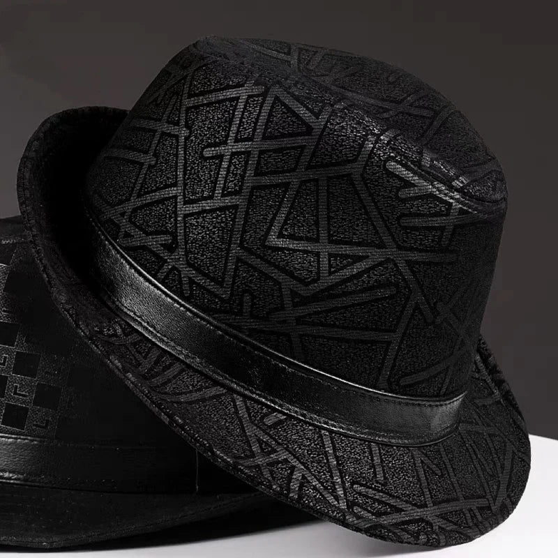 Winter Genuine Leather Suede Print Black GeometryTop Hats For Men/Women British Gentlemen Wide Brim Stetson Fedoras 55-60cm Fitt