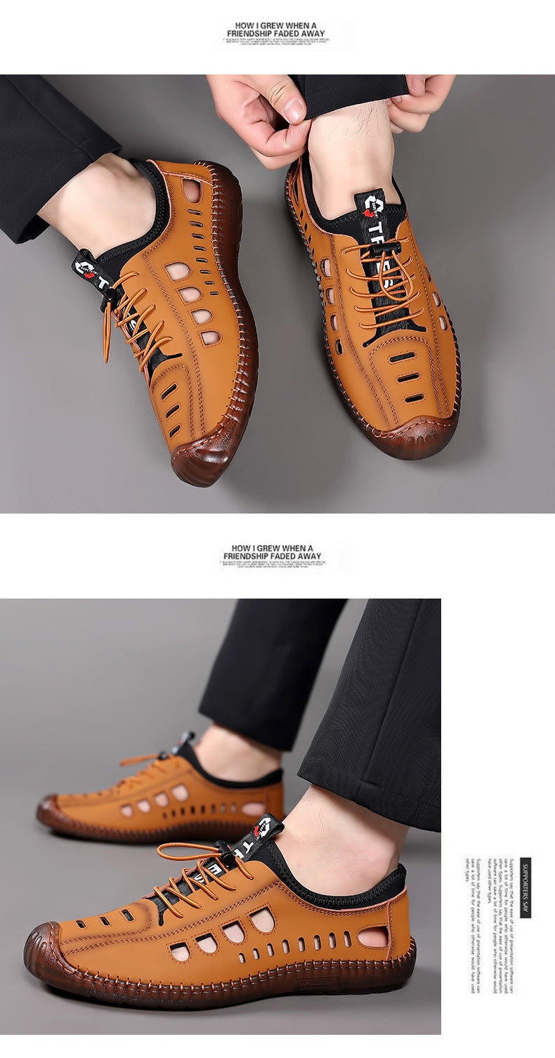 Men's Soft Leather 2024 Summer Men Leather Sandals Breathable Non-slip Cow Tendon Sole Casual Leather Shoes Outdoor Beach Shoes