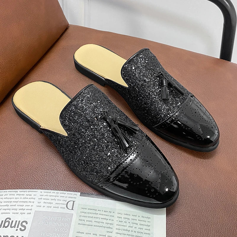 2024 New Luxury Designer Men's Casual Bling Leather Loafers Italian for Men Half Shoes Mules Male Black Slides Business Slippers