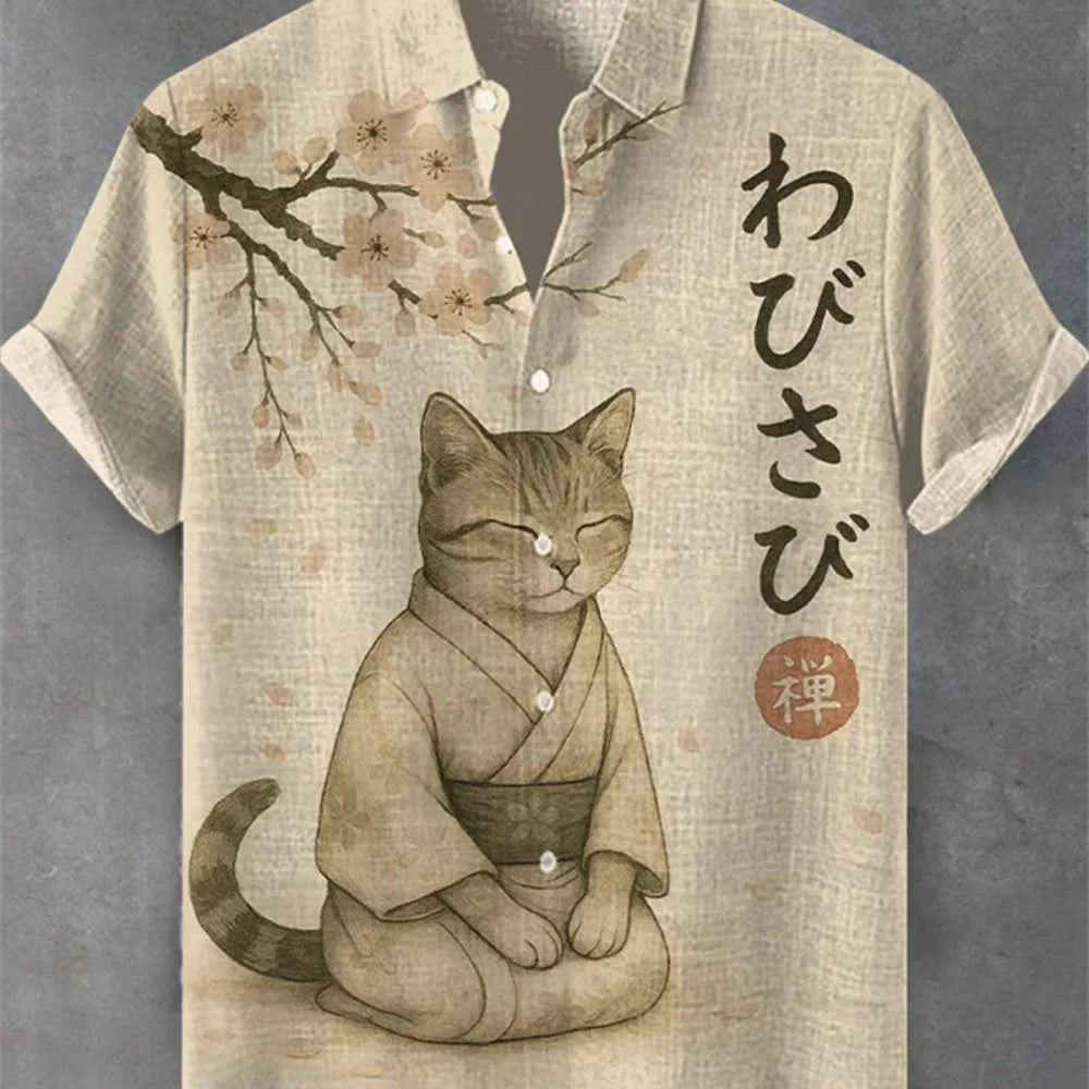Men's Japanese Retro Art Samurai Cat Printed Linen Shirt Short Sleeve Button up Classic Lapel Design Street Casual Social Top