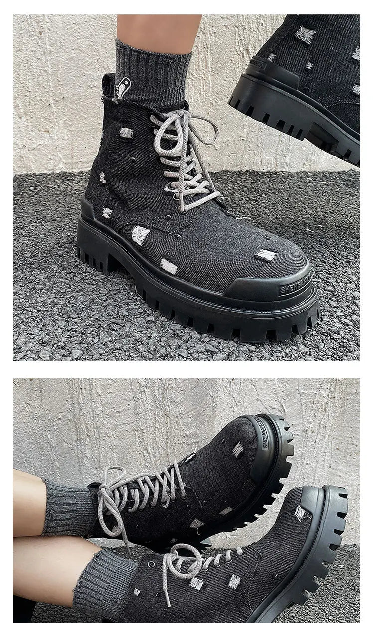 Mating boots for men new design black washed denim canvas short boots distressed style thick soled shoes Street Style