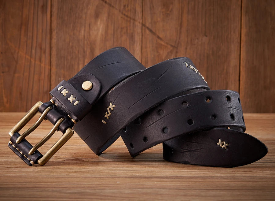 3.8CM Original Genuine Leather Army Tactical Belt Double-needle Buckle Men's Belt Washed Water Made Old Macho Jeans Belt