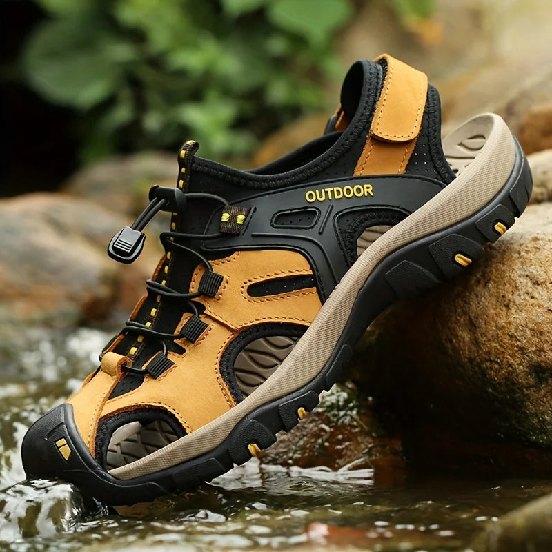Men's High-quality Leather Sandals - Closed Fisherman Style, Summer Slippers and Hiking Shoes, with Elastic Straps