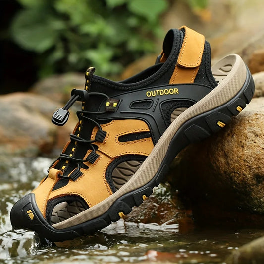 Men's High-quality Leather Sandals - Closed Fisherman Style, Summer Slippers and Hiking Shoes, with Elastic Straps