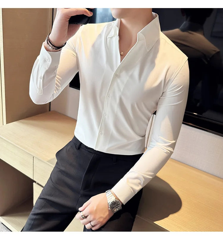 Men Dress Shirt 2025 Autumn British Style Solid Casual Slim Fit Formal Camisas V-neck Long Sleeves Shirt Streetwear Men Clothing