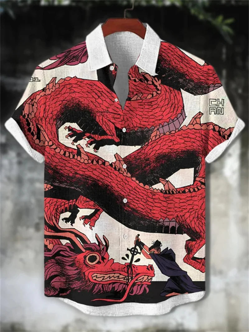 New men's linen art 3D wave print short sleeved shirt with warrior cat animal pattern casual short sleeved shirt top