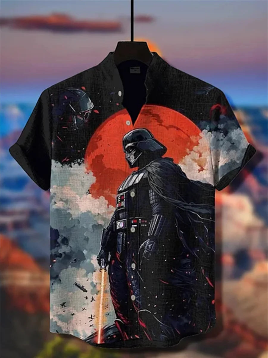 Men's short-sleeved shirt with samurai print and stylish ink painting design, summer casual men's top, trendy retro streetwear.