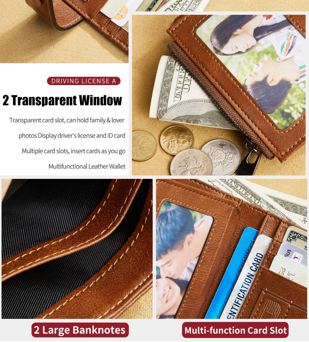 Vintage 100% Genuine Leather Men's Wallet RFID Blocking Trifold Short Multi Function Money Clip Large Capacity Zipper Coin Purse