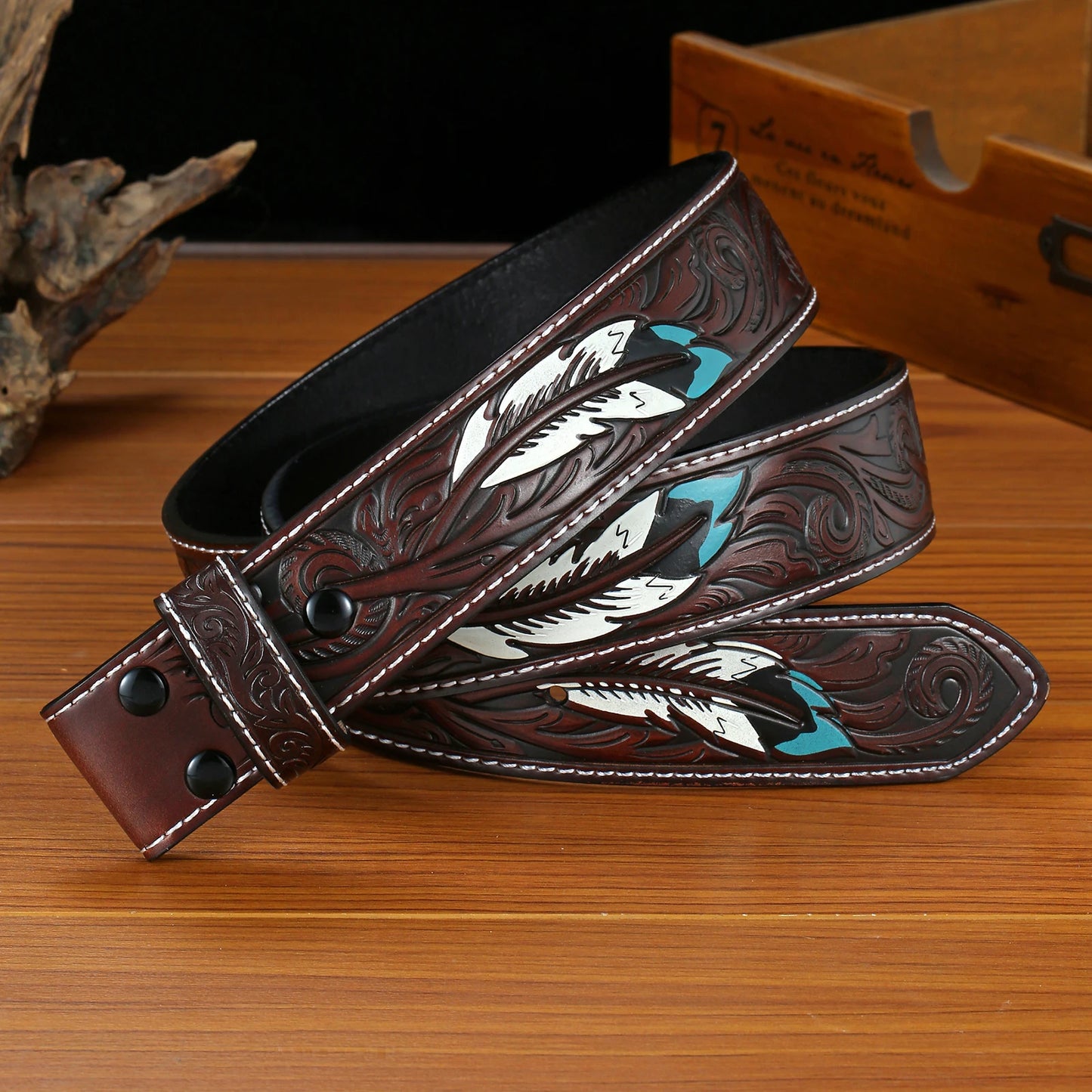 1 Pair of Genuine Leather Men's Belts (Without Buckles), Embossed Design, Feather Pattern Button Design, Convenient and Versatil