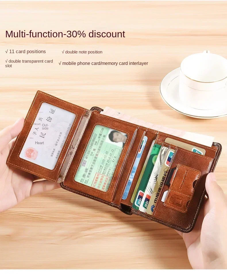 Men Wallet Genuine Leather Rfid Blocking Trifold Wallet Vintage Thin Short Multi Function ID Credit Card Holder Male Purse Money