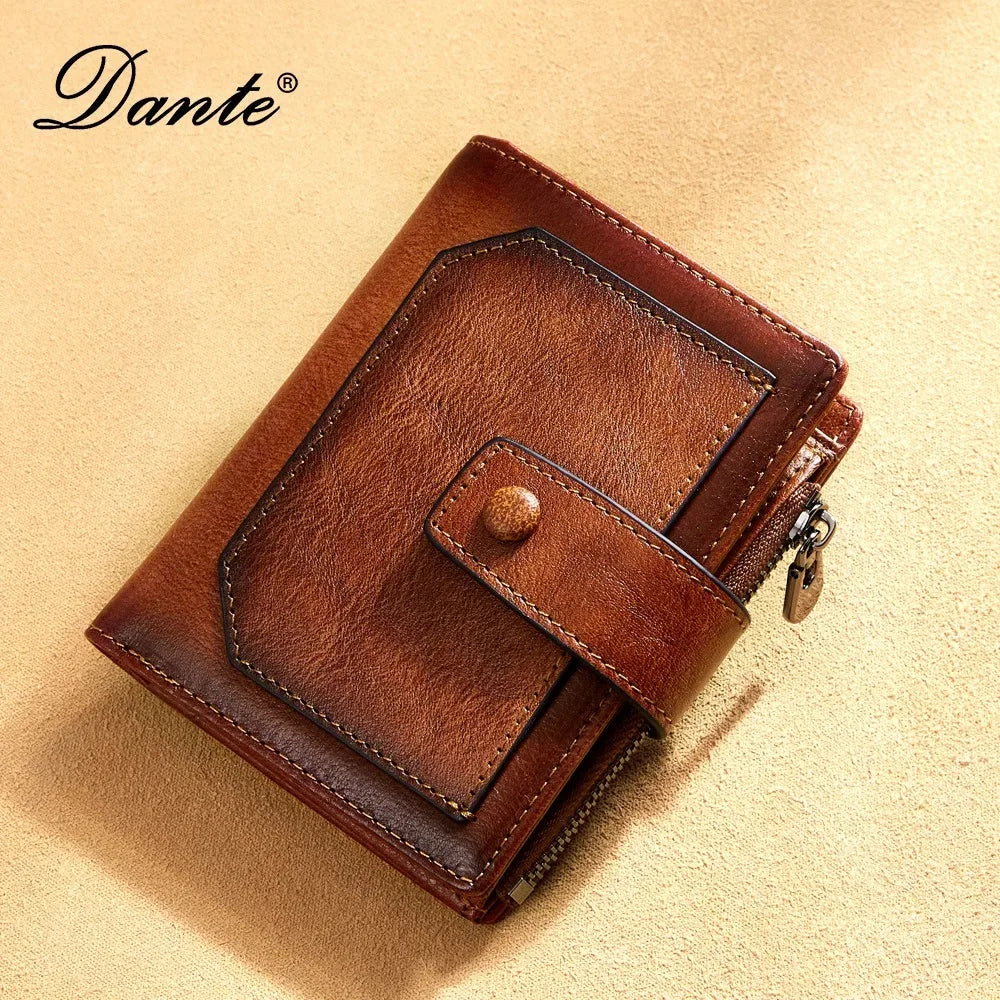 Vintage 100% Genuine Leather Men's Wallet RFID Blocking Trifold Short Multi Function Money Clip Large Capacity Zipper Coin Purse