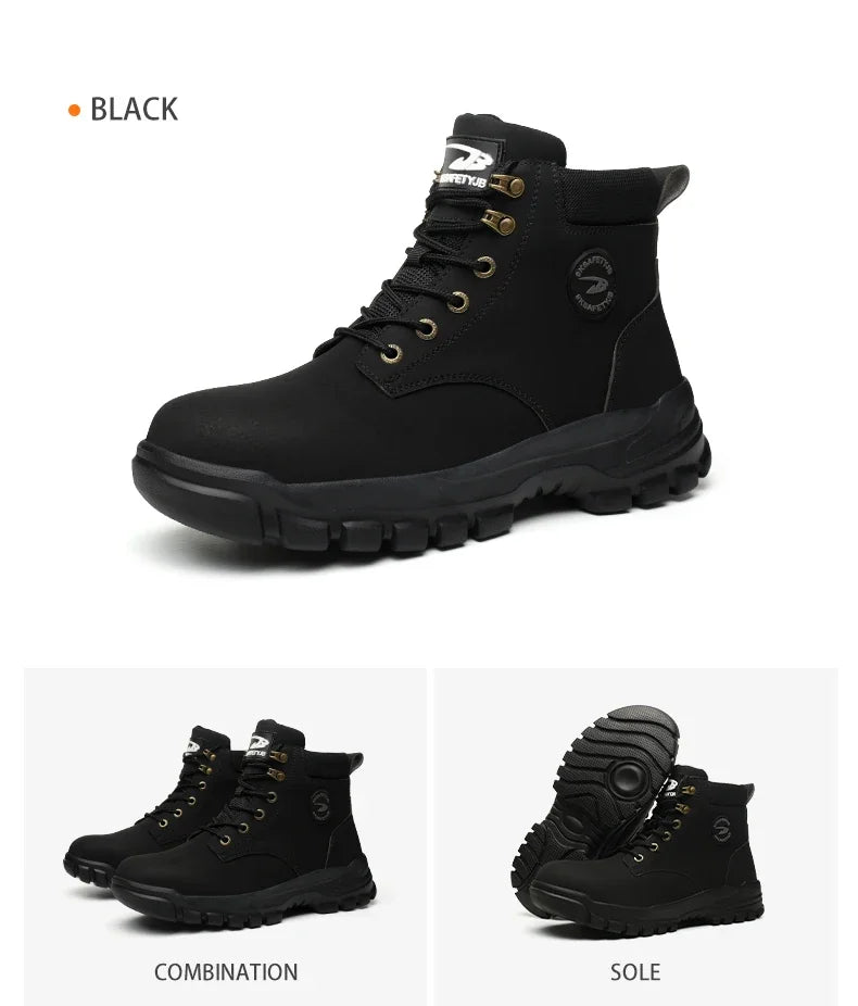 Work Safety Boots for Men, Anti-smash Steel Toe Shoes, Puncture-proof, Indestructible, Waterproof Sneakers Brown Boots