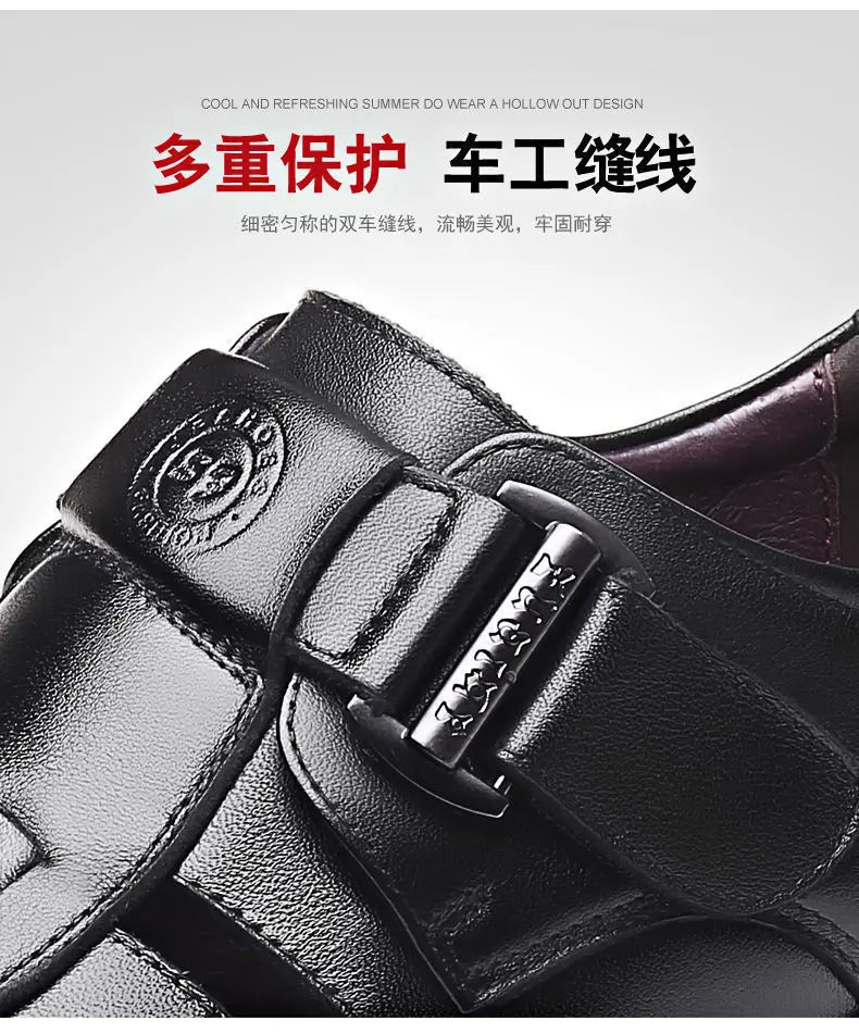 Men's Summer New Style Business Casual Genuine Leather Sandals With Hollow Outsole Anti-Slip Middle-Aged Father Leather Shoes
