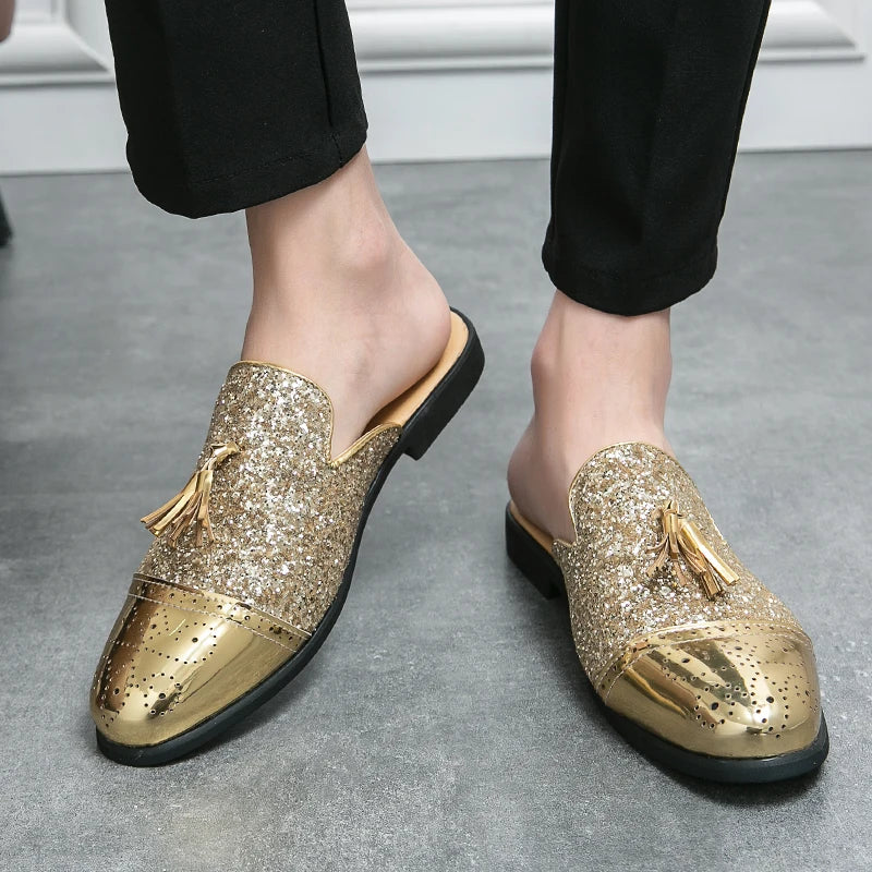 2024 New Luxury Designer Men's Casual Bling Leather Loafers Italian for Men Half Shoes Mules Male Black Slides Business Slippers