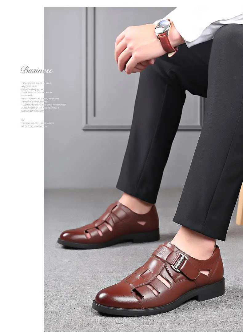 Men's Summer New Style Business Casual Genuine Leather Sandals With Hollow Outsole Anti-Slip Middle-Aged Father Leather Shoes
