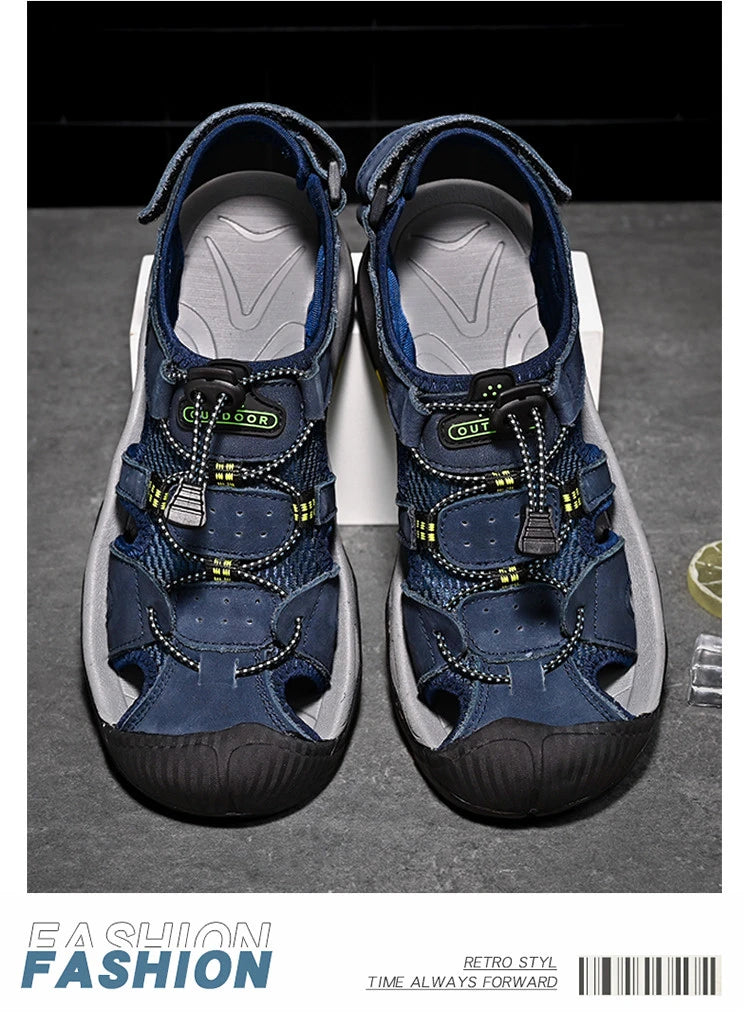 2024 Men Genuine Leather Shoes Men's Sandals Durable Handmade Stitching Close Toe Non Slip Footwear for Indoor Outdoor Beach