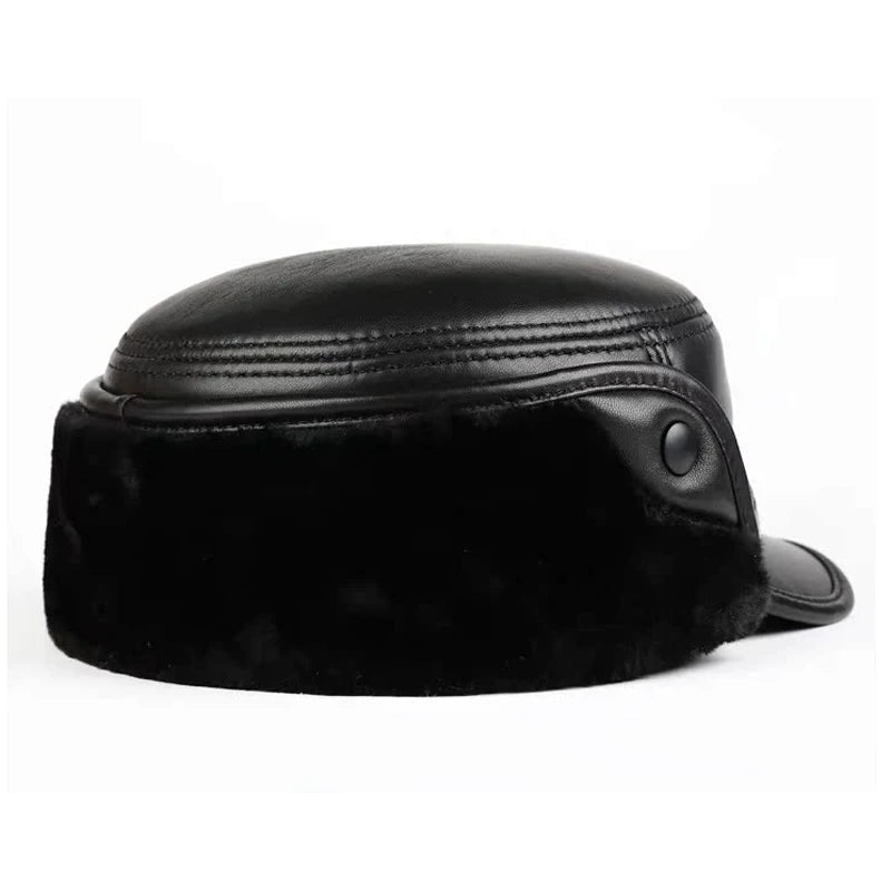 High Quality Genuine Leather Hats Winter First Layer Cowhide Warm Earmuffs Bomber Caps Plus Velvet Thicken Man Bone Caps Dad Hat