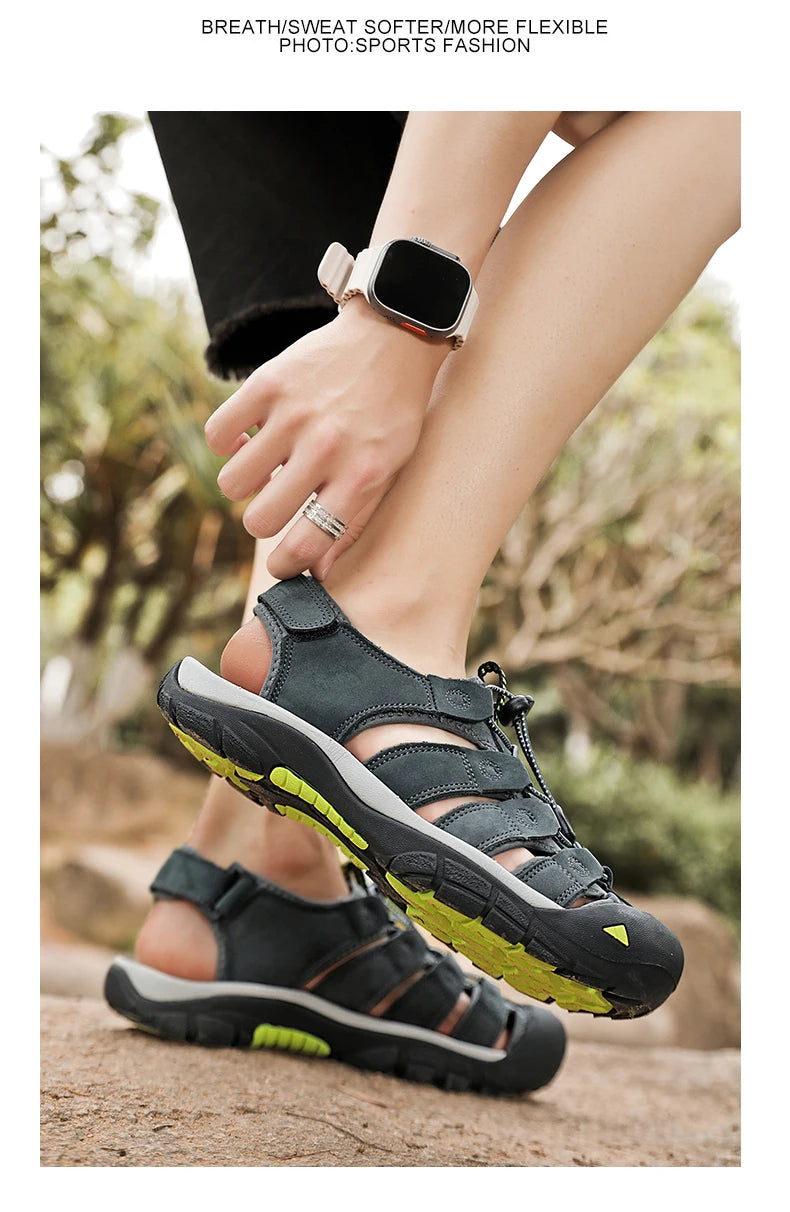 Men's Sport Sandals Outdoor Hiking Sandals Closed Toe Leather Fashion All-match Light Trail Walking Casual Sandals Water Shoes