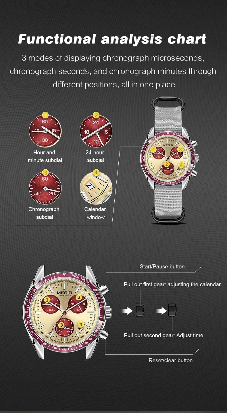 MEGIR New Luxury Men's Watches Canvas Weaving Strap Sport Automatic Chronograph Quartz Waterproof Wristwatch for Male 2247