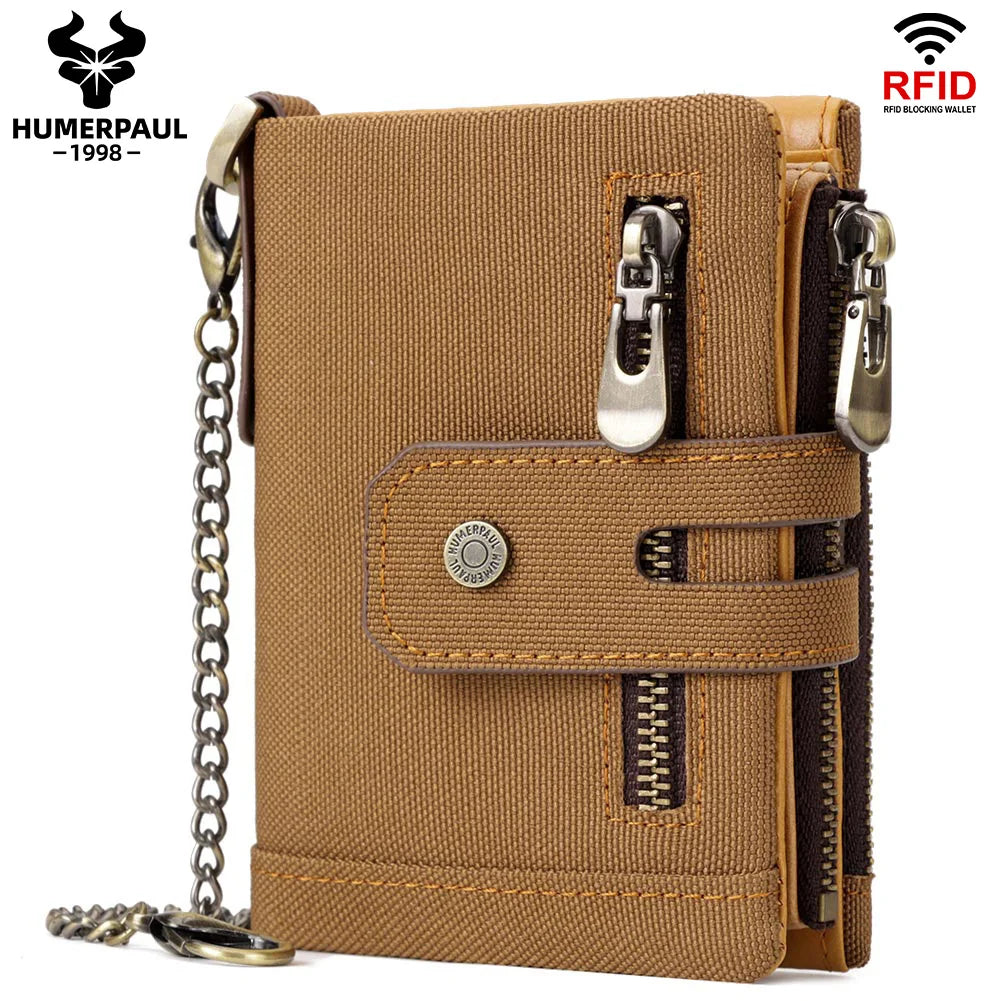 LAREET Fashion Genuine Leather Wallet With Cowhide For Men Money Card Holder Purse RFID Short Double Zipper Coin Pocket Bifold