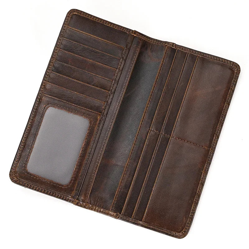 Casual Long Wallet Men Mobile Phone Male Long Purse Bifold Card Wallet Natural Cow Skin Leather Purse Men Business  Card Holder
