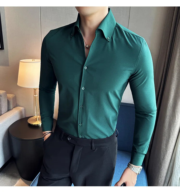 Men Dress Shirt 2025 Autumn British Style Solid Casual Slim Fit Formal Camisas V-neck Long Sleeves Shirt Streetwear Men Clothing