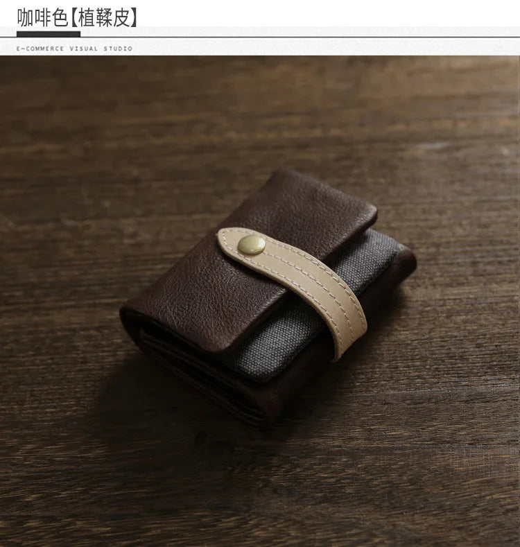 2025 Handmade Wallet Men's Short Leather Triple Fold Money Clip Cowhide Youth Buckle Student Vertical Vegetable Tanned Leather