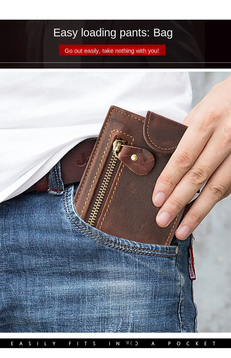 Men's Crazy Horse Leather Short Wallet Genuine Leather Buckle Wallet Vintage Top Layer Cowhide Card Holder Multi-Card  Wallet