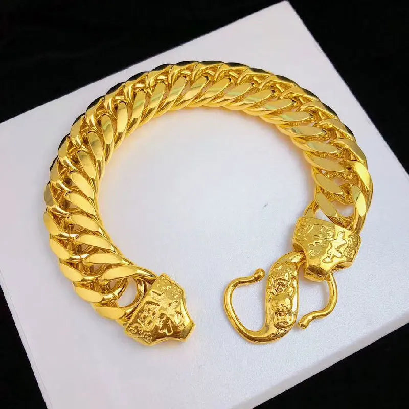 9999 24K real gold jewelry flat bracelet boss Fu's head hand jewelry men's and women's bracelet