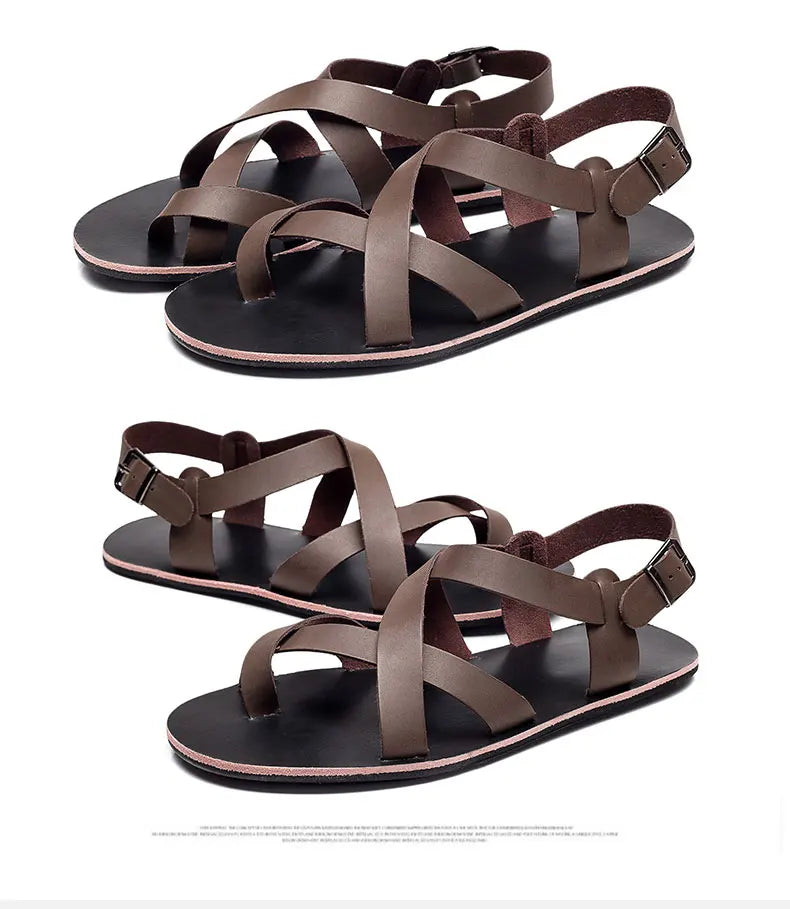 New Summer Sandals Men Open Toe Genuine Leather Sandals Hollow-out Retro Handmade Comfortable Breathable Outdoor Beach Shoes