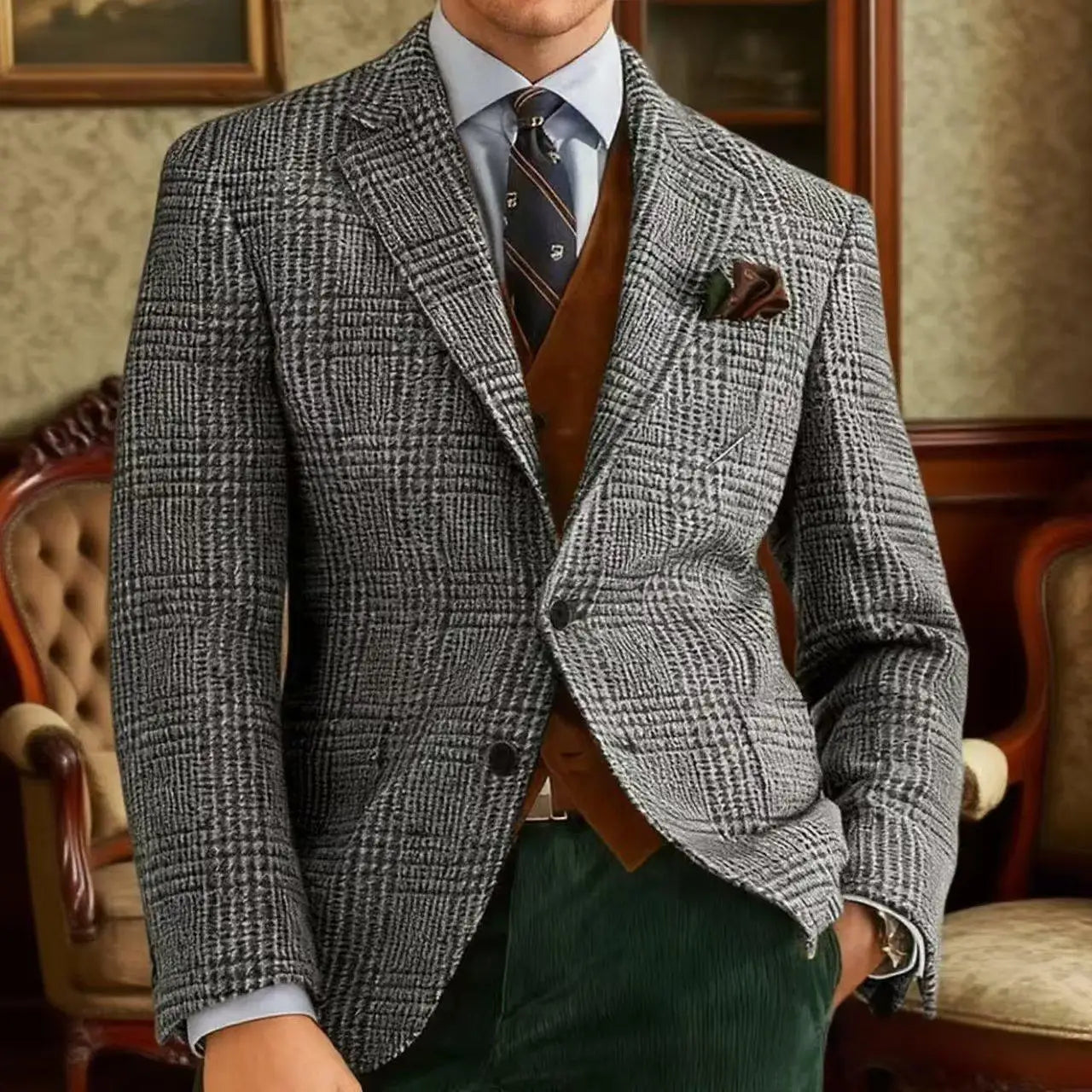 Autumn Winter Men's Suits Jacket Formal Single-Breasted Plaid Blazer Tweed Wear Tuxedos Business Casual Party Men Sport Coats