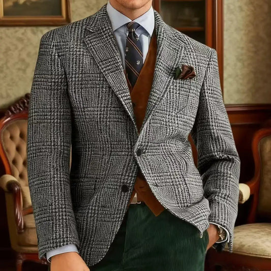 Autumn Winter Men's Suits Jacket Formal Single-Breasted Plaid Blazer Tweed Wear Tuxedos Business Casual Party Men Sport Coats