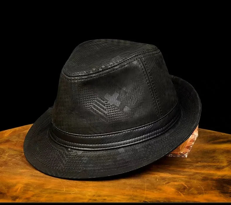 Retro Genuine Leather Cowhide Gentleman Fedoras Hat for Men Travel Warm Autumn Winter Top Hat