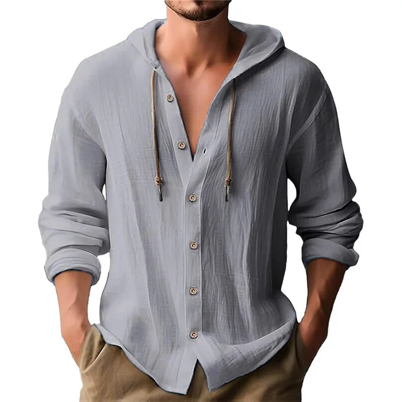 Men's Beach Casual Shirts Cotton Linen Hooded Long Sleeve Shirt Man Fashion Loose Solid Button Cardigan Streetwear Tops Clothing