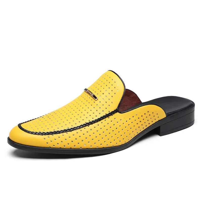Men's Yellow White Black Half Slippers Driving Shoes 2025 New Casual Patent Leather Mules Loafers Zapatos Hombre