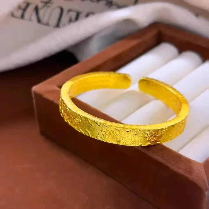 Sunflower Open Bangle Women's 24K Gold AU999 - 3D bloom shape, adjustable opening, high-purity gold shows sun-facing style