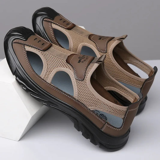2025 Summer Beach Sandals for Men New Hollow Men's Sandals Outdoor Breathable Mens Bag Head Mesh Casual Shoes Zapatillas Hombre